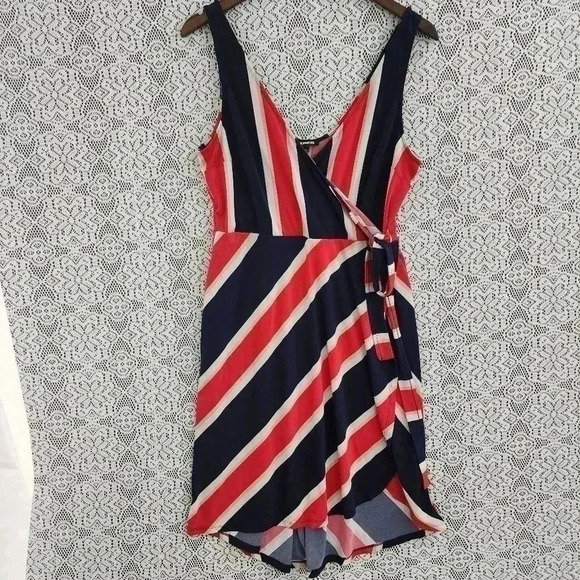 Express Striped Wrap High Low Stretched  Mini Tank Dress L - Picture 1 of 8